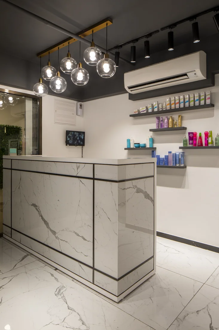 Amaya reception desk with product display shelves