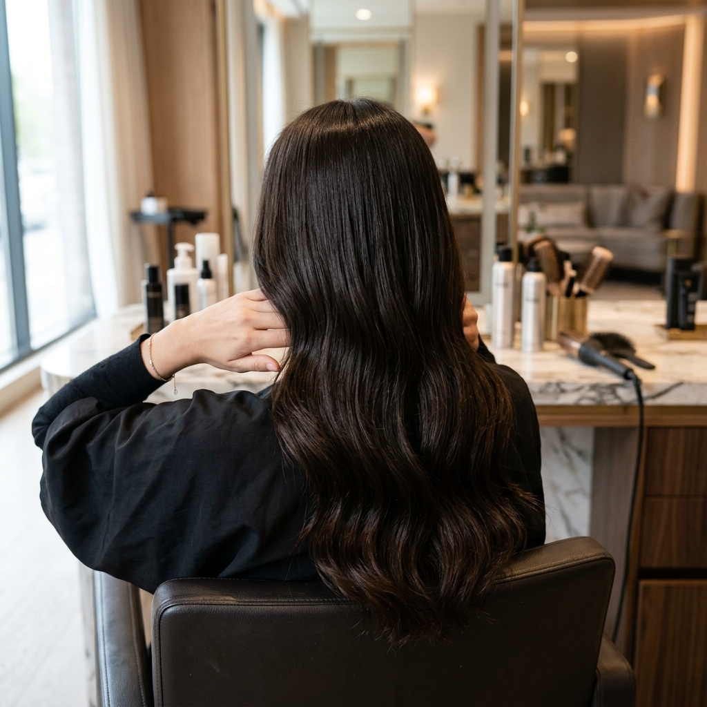 Long brunette hair before dimensional colour treatment