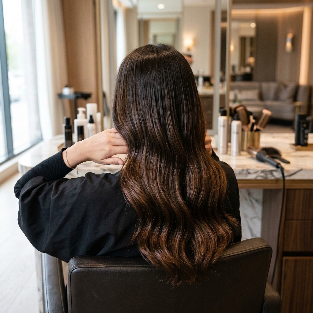 Glossy tanned umber brown dimensional balayage hair colour result